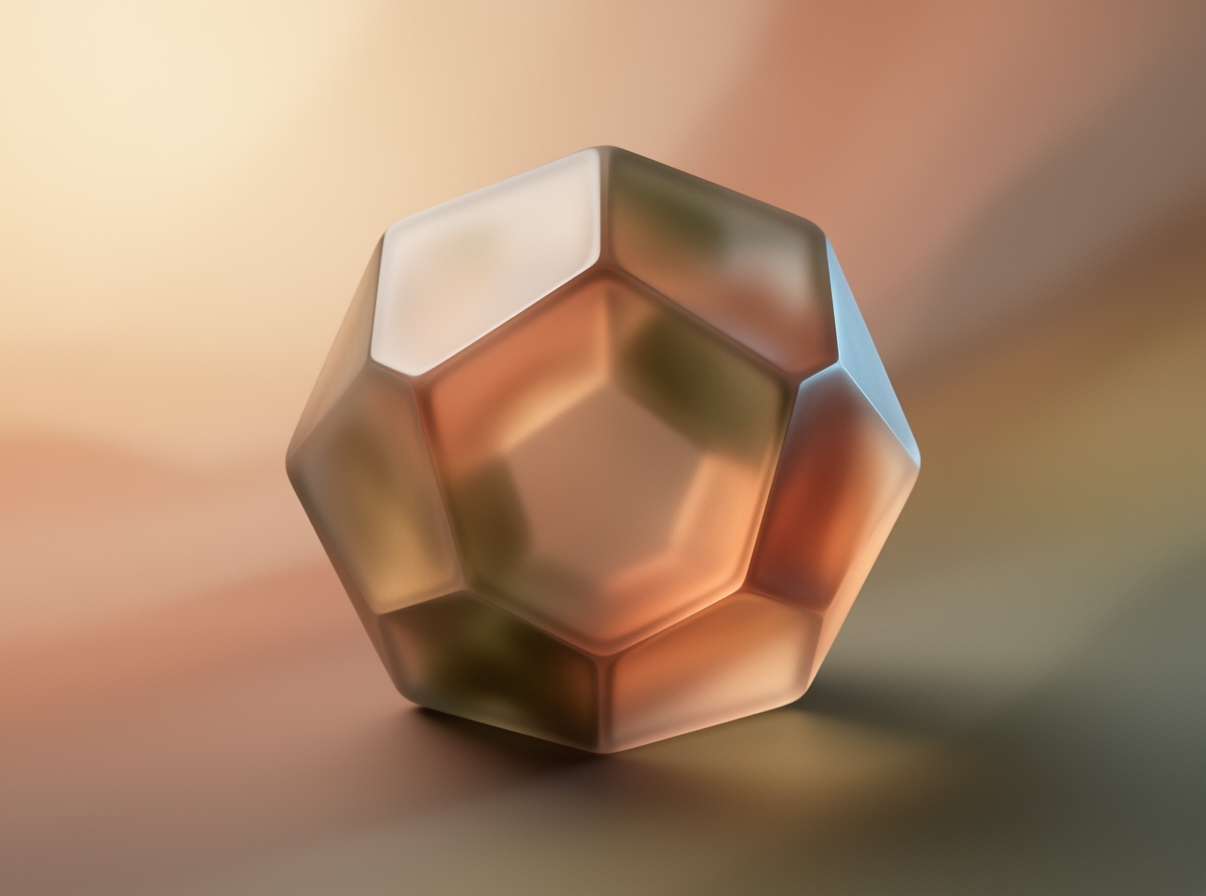A large translucent gemstone with sharp edges sits centered against a creamy blurred background reflecting soft orange and blue highlights across its many flat surfaces showing distinct geometric forms and smooth textures.