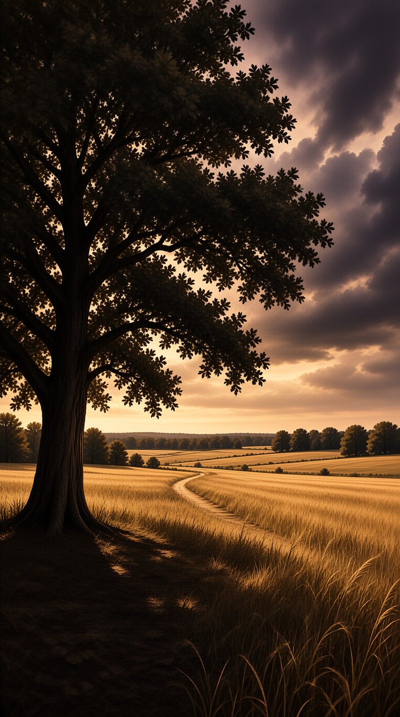 A large dark tree stands on the left as a curved dirt path winds through sunlit fields beneath a cloudy evening sky.
