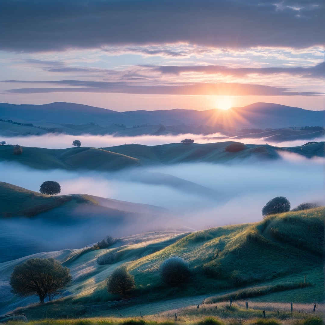 Sunrise Over Misty Hills