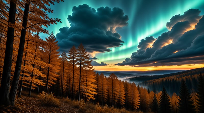 Aurora over Autumn Forest