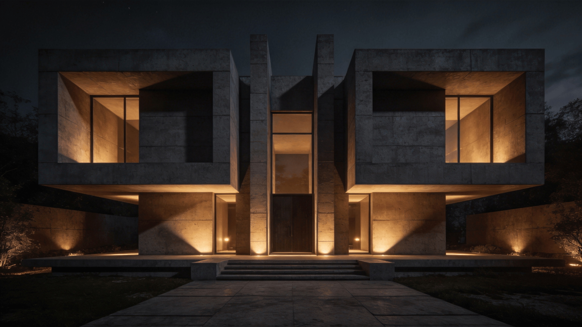 Villa with Brutalist Massing — Night With Warm Lights
