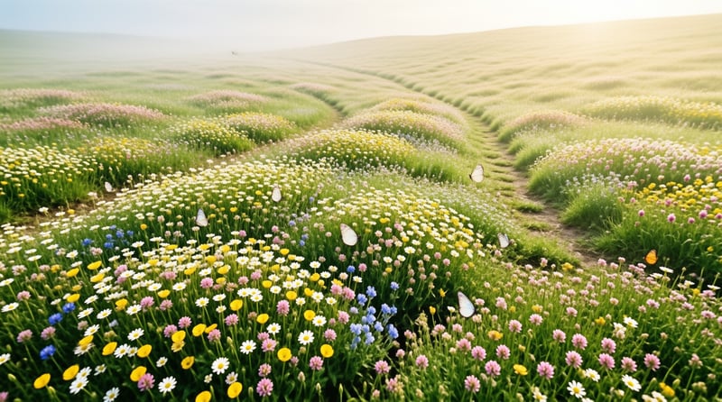 Vibrant wildflowers and butterflies fill a rolling green meadow bathed in soft hazy sunlight.