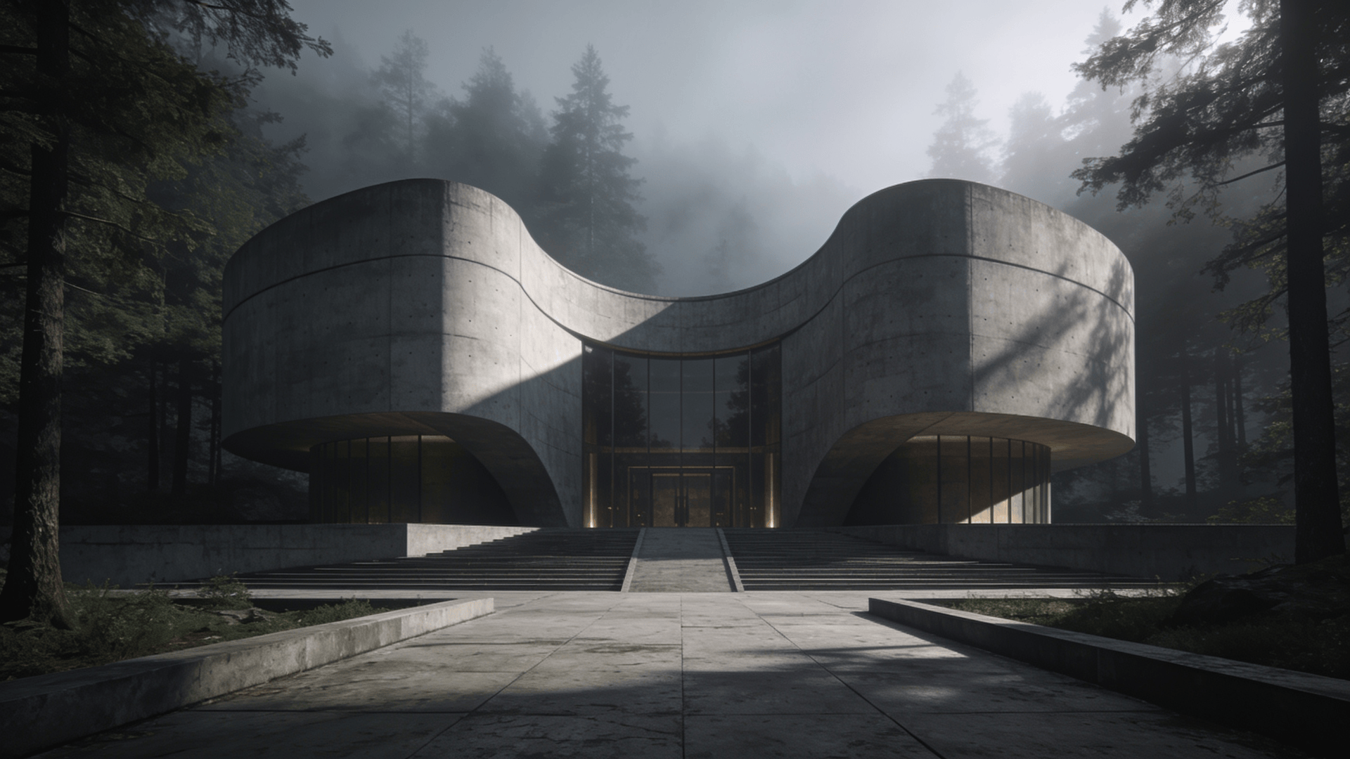 Museum with Curved Concrete — Misty Forest