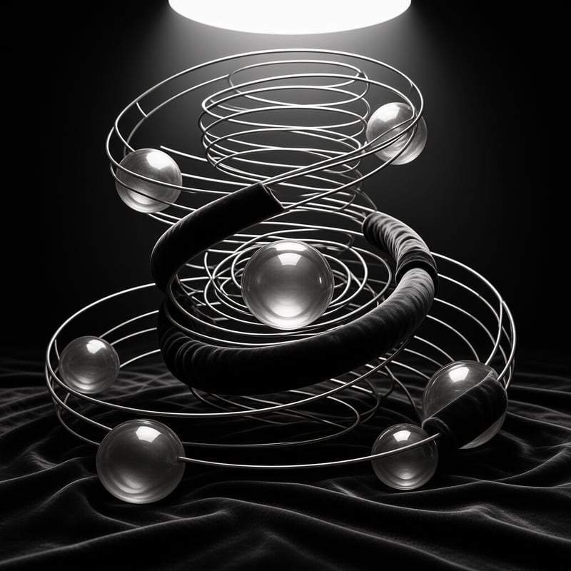 Clear orbs rest on a coiled wire sculpture wrapped in dark fabric, lit from above on rumpled black velvet.