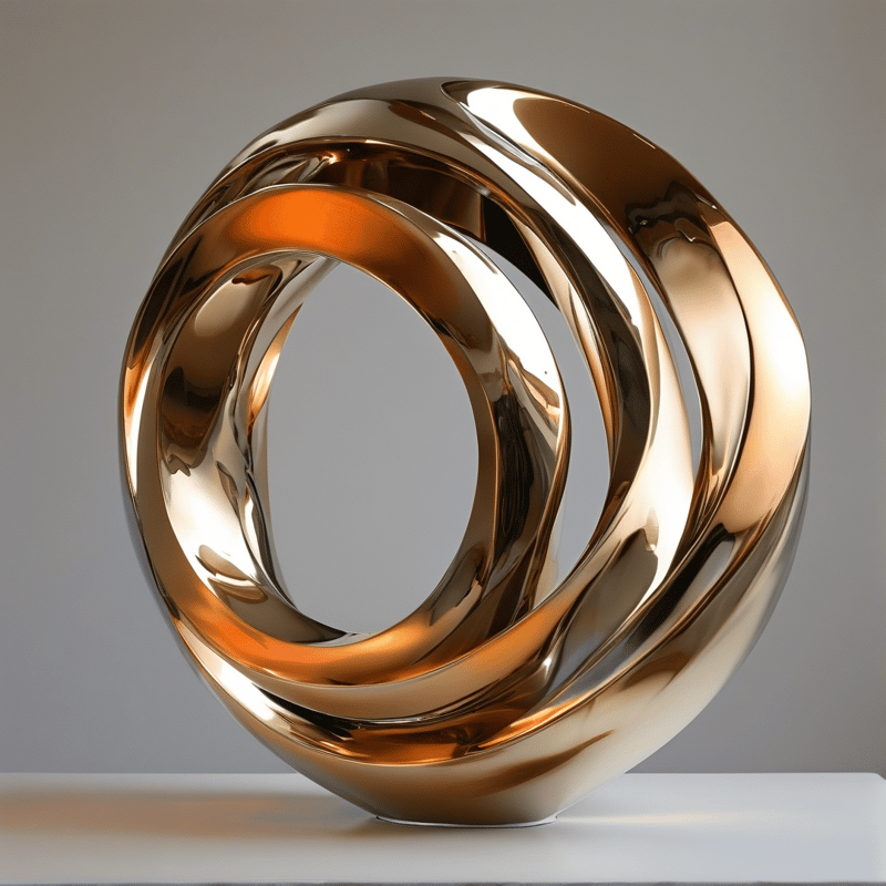 A twisted metallic sculpture with reflective gold tones rests on a smooth white surface under even lighting.