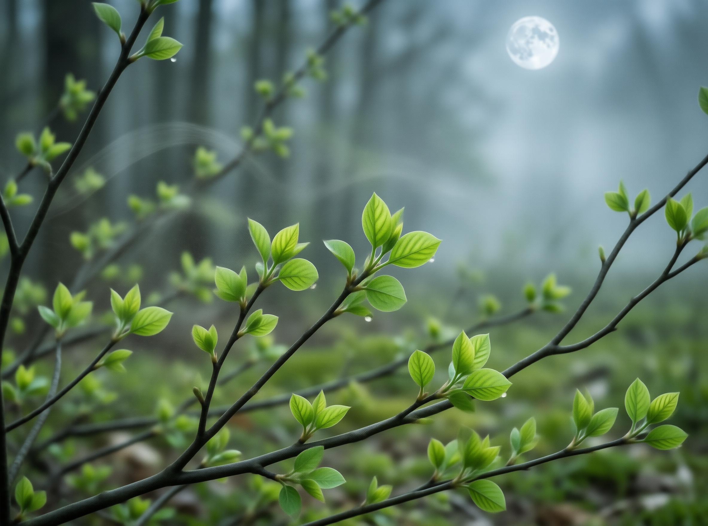 Misty Moonlit Spring Branch