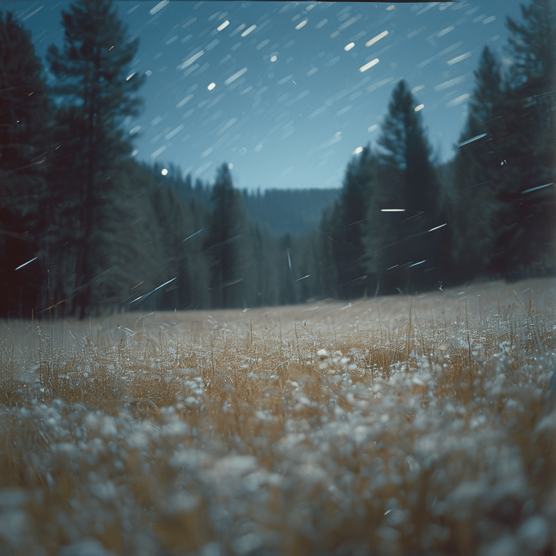 A dreamlike night scene of golden grass and pale wildflowers before blurred pines under a blue sky streaked with star trails.