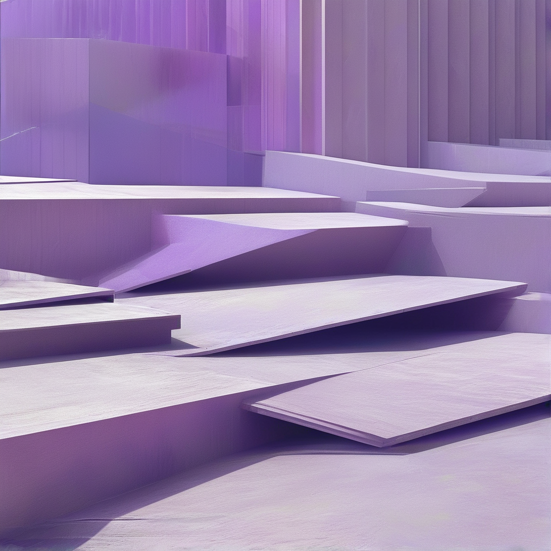 Surreal geometric slabs arranged like broken stairs in a monochromatic purple space with soft ambient shadows