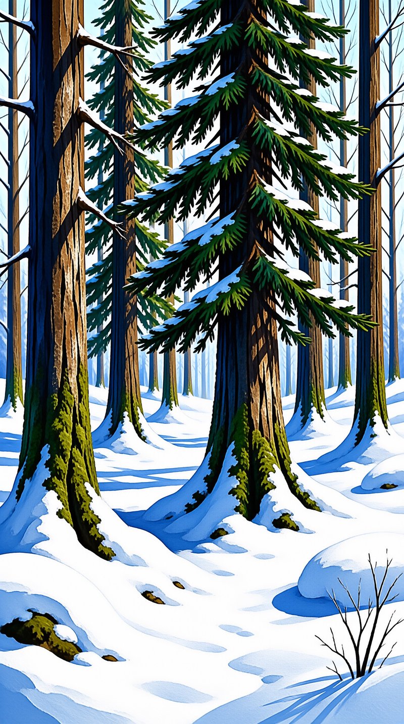 Vertical view of tall evergreen trees laden with snow in a sunlit winter forest featuring cool blue shadows and green needles.