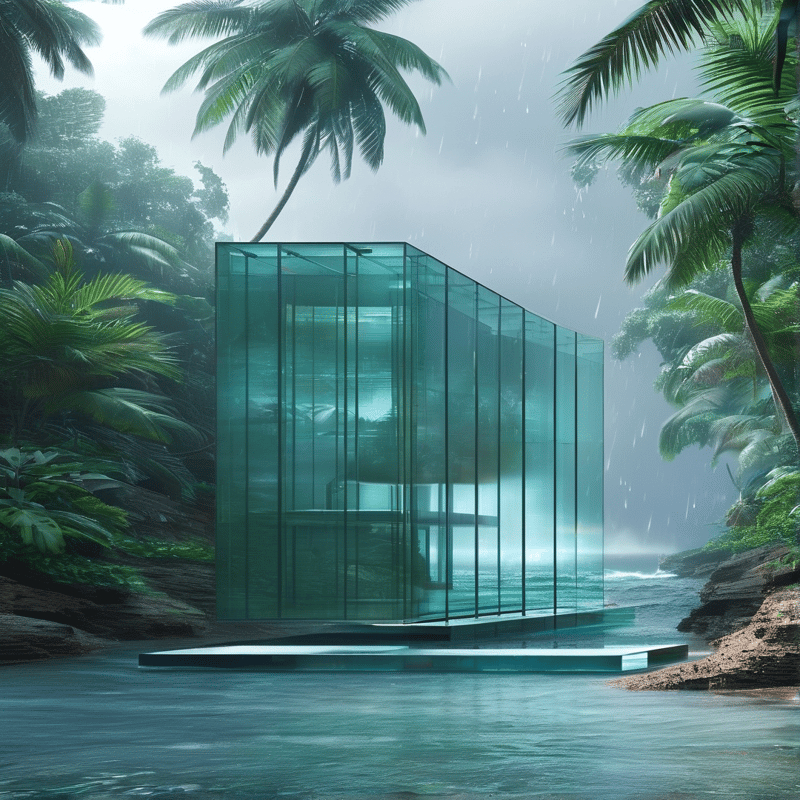 A transparent glass cube building stands in a lush tropical rainforest during a rainy day near the ocean