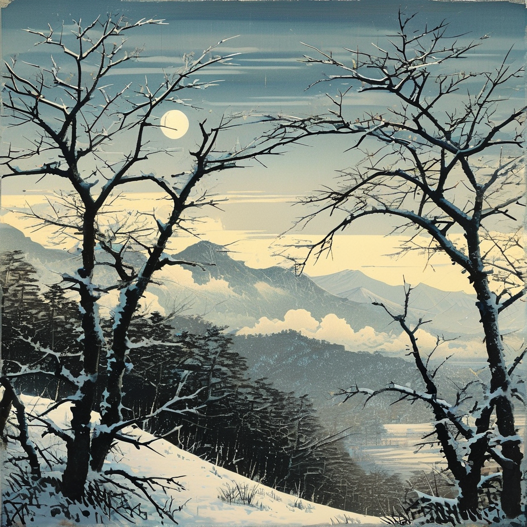 Snow-covered bare trees frame a distant mountain range beneath a bright moon in a wintry landscape.