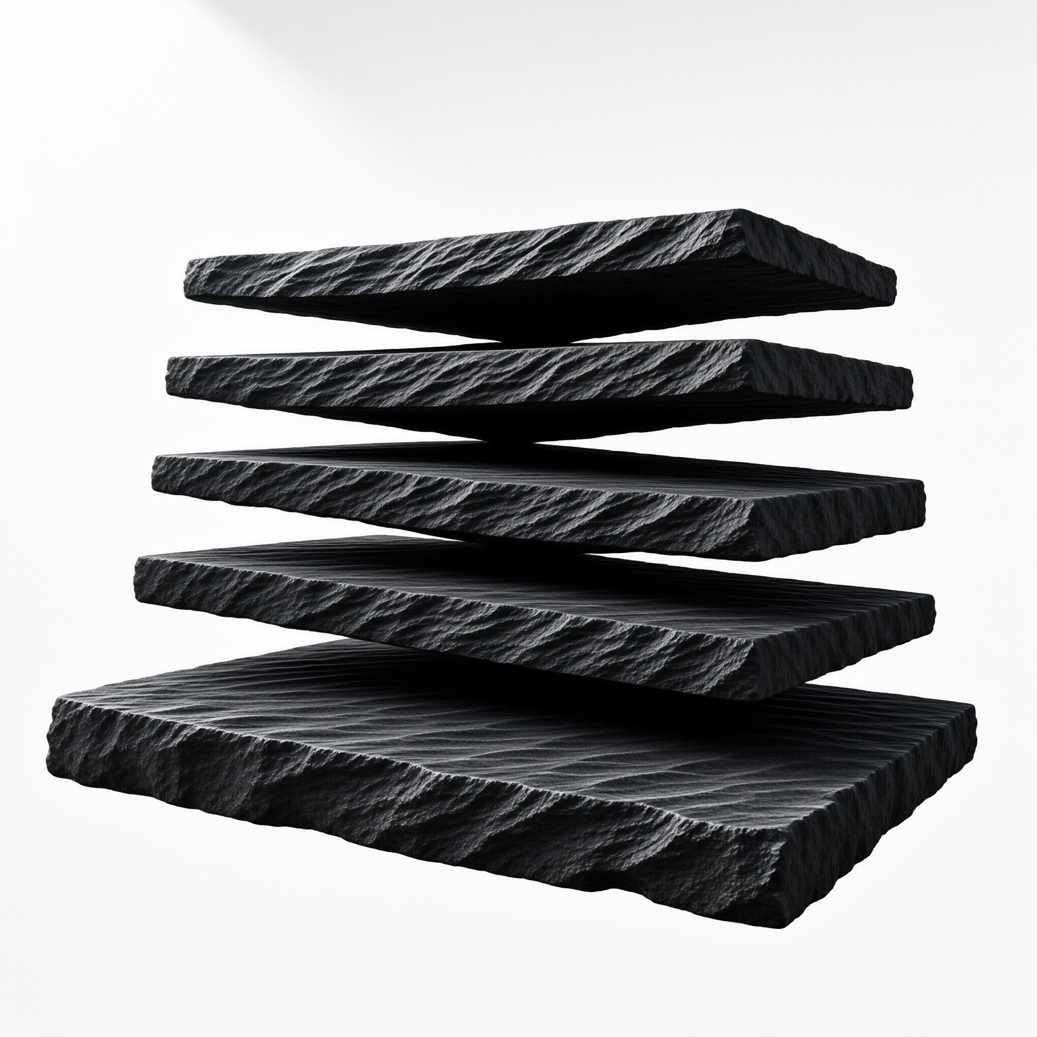 Several rough dark stone plates hover in a neat levitating stack against a plain white surface
