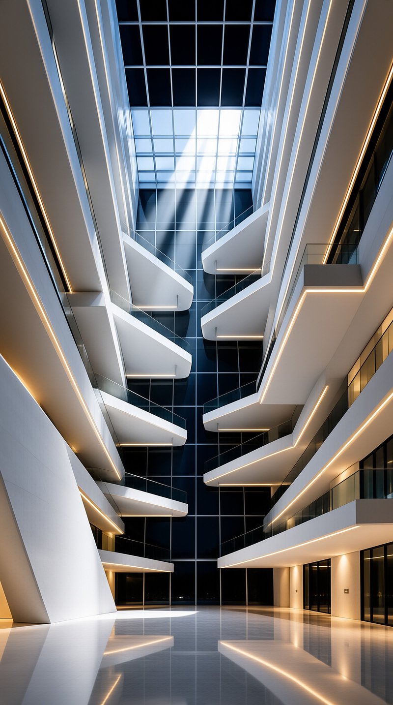 Beams of sunlight pour through a large skylight onto white curved balconies inside a tall modern interior space.