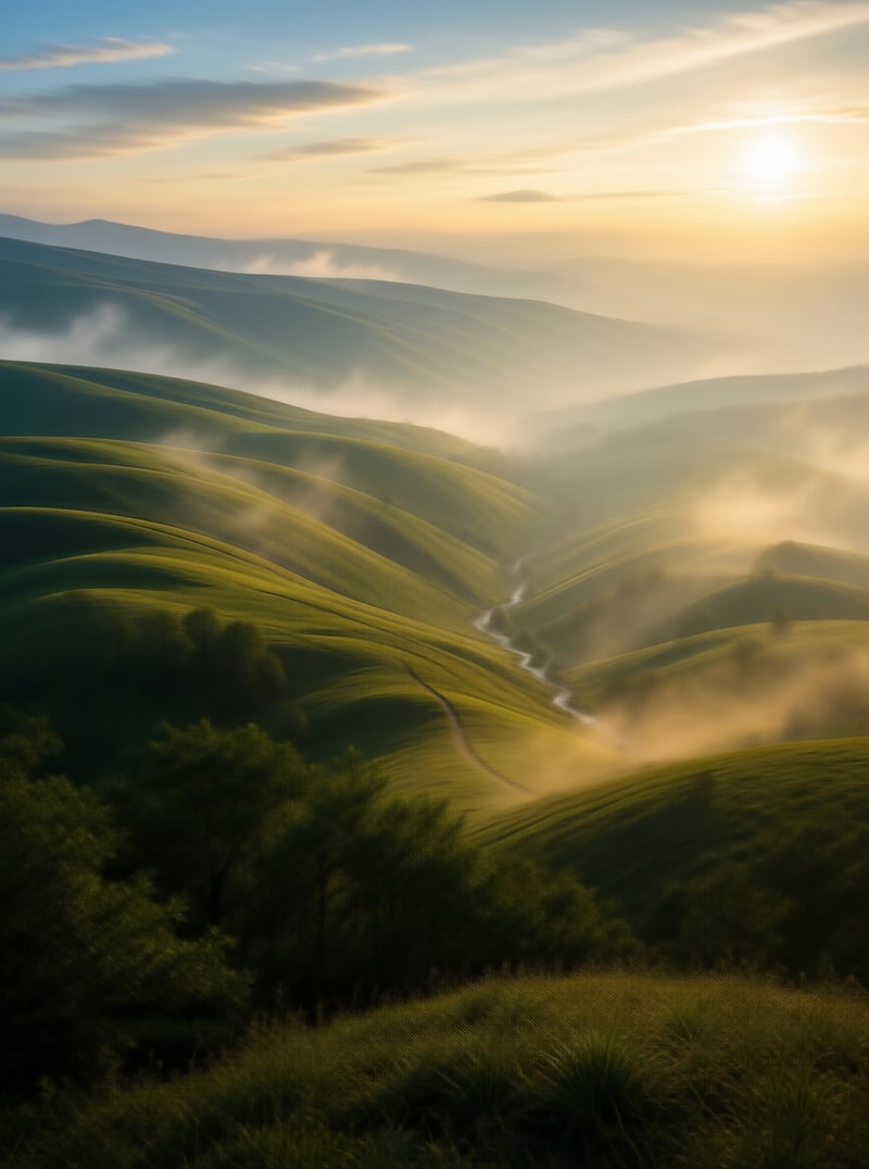 Sunrise Over Misty Green Hills