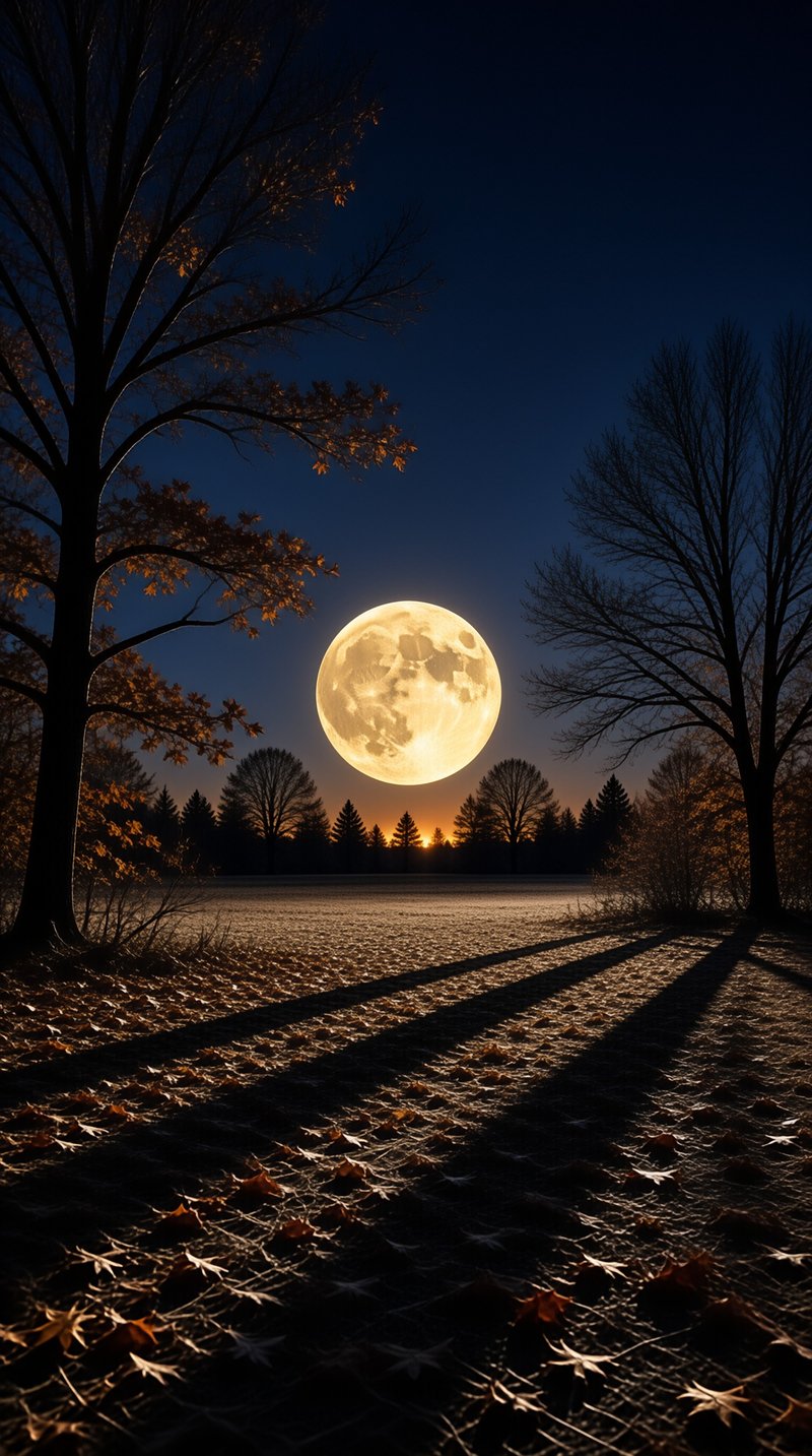 A huge bright moon hangs low over a dark frosted field, framed by silhouetted trees and long shadows.