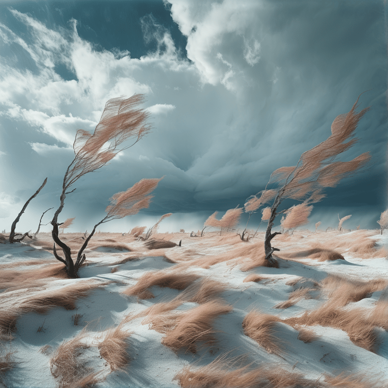 A barren sandy landscape features twisted dead trees and pinkish grass blowing in the wind beneath a dramatic cloudy sky.