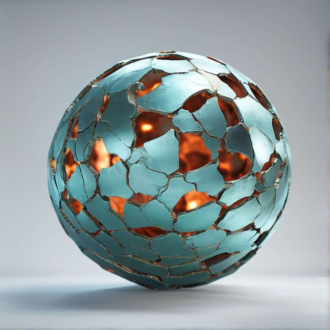 A cracked turquoise sphere rests on a white surface revealing bright orange light glowing from within its gaps.