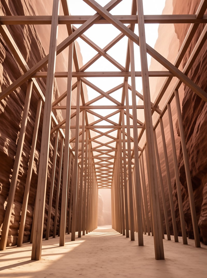 A long wooden colonnade stretches through a red rock canyon with warm sunlight filtering through the framework