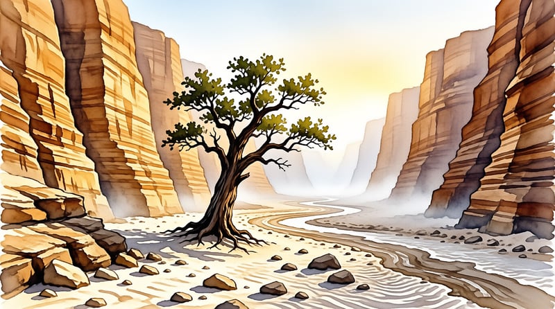 Watercolor painting of a solitary tree beside a winding river flanked by layered sandstone canyon walls in soft golden light