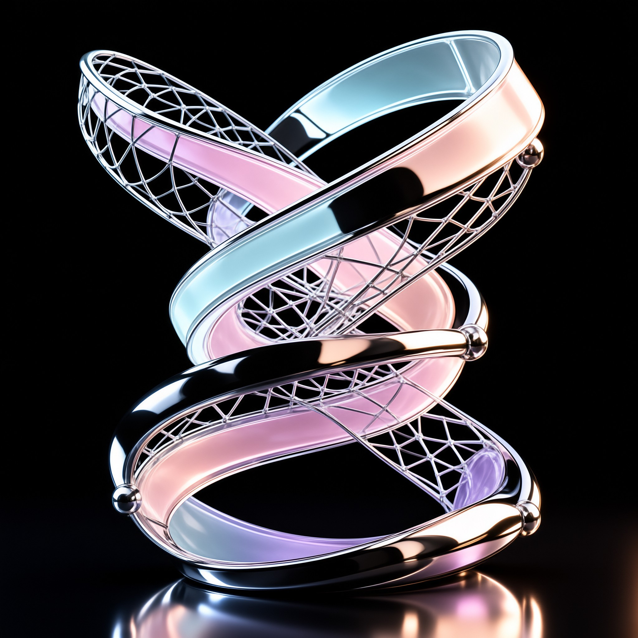 A spiral metal form with iridescent pink and blue tones rests on a reflective black surface with wireframe details.