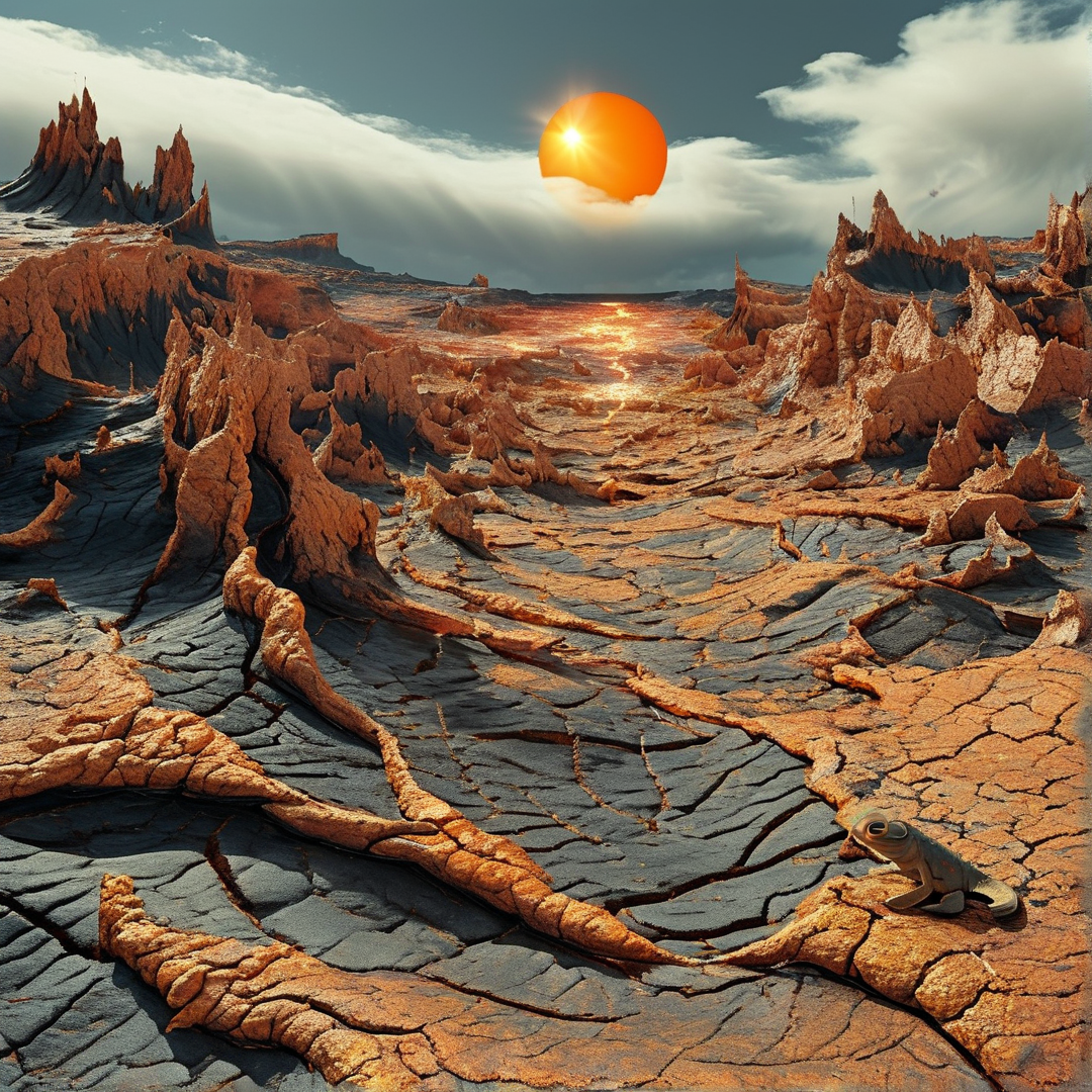 A small lizard rests on cracked reddish ground beneath a large orange sun shining through clouds.