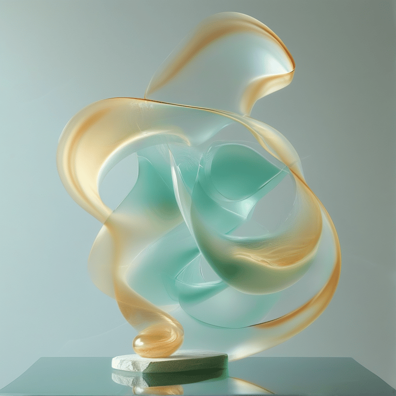 Translucent glass ribbons twist upward in mint and champagne hues from a rough stone pedestal.