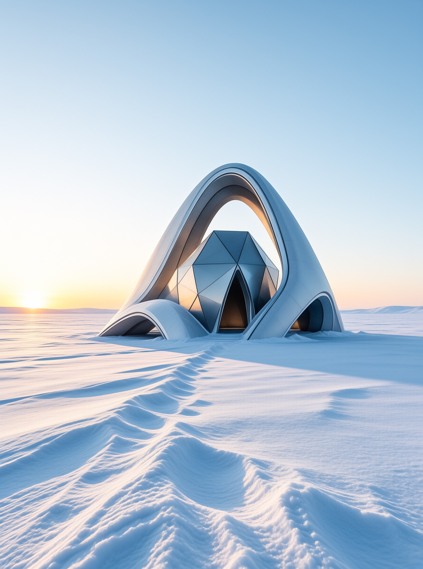 A white curved architectural structure with a faceted metallic core sits isolated in a vast field of wind-swept snow under a pale blue sky where the sun is rising on the horizon casting long shadows across the white ground.