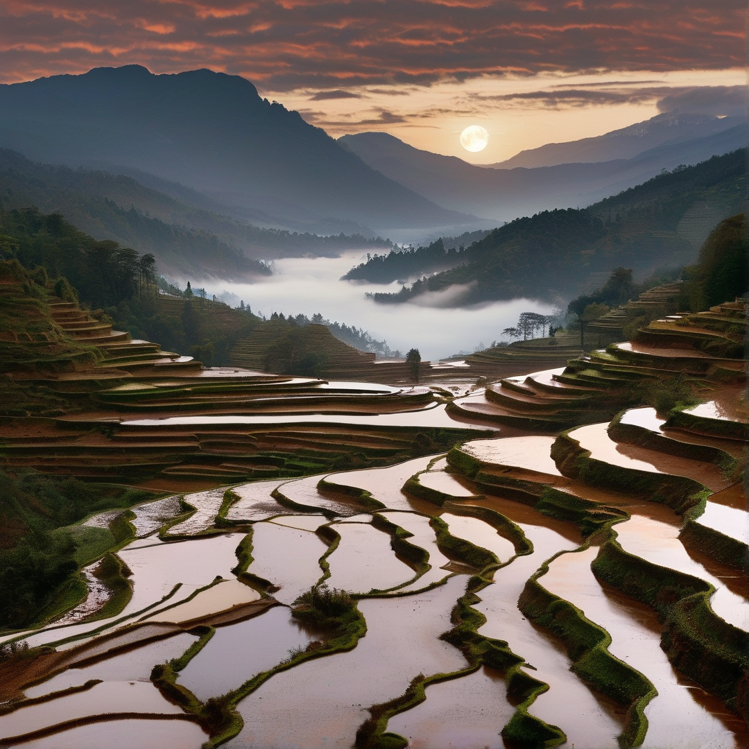 Sunset over rice terraces