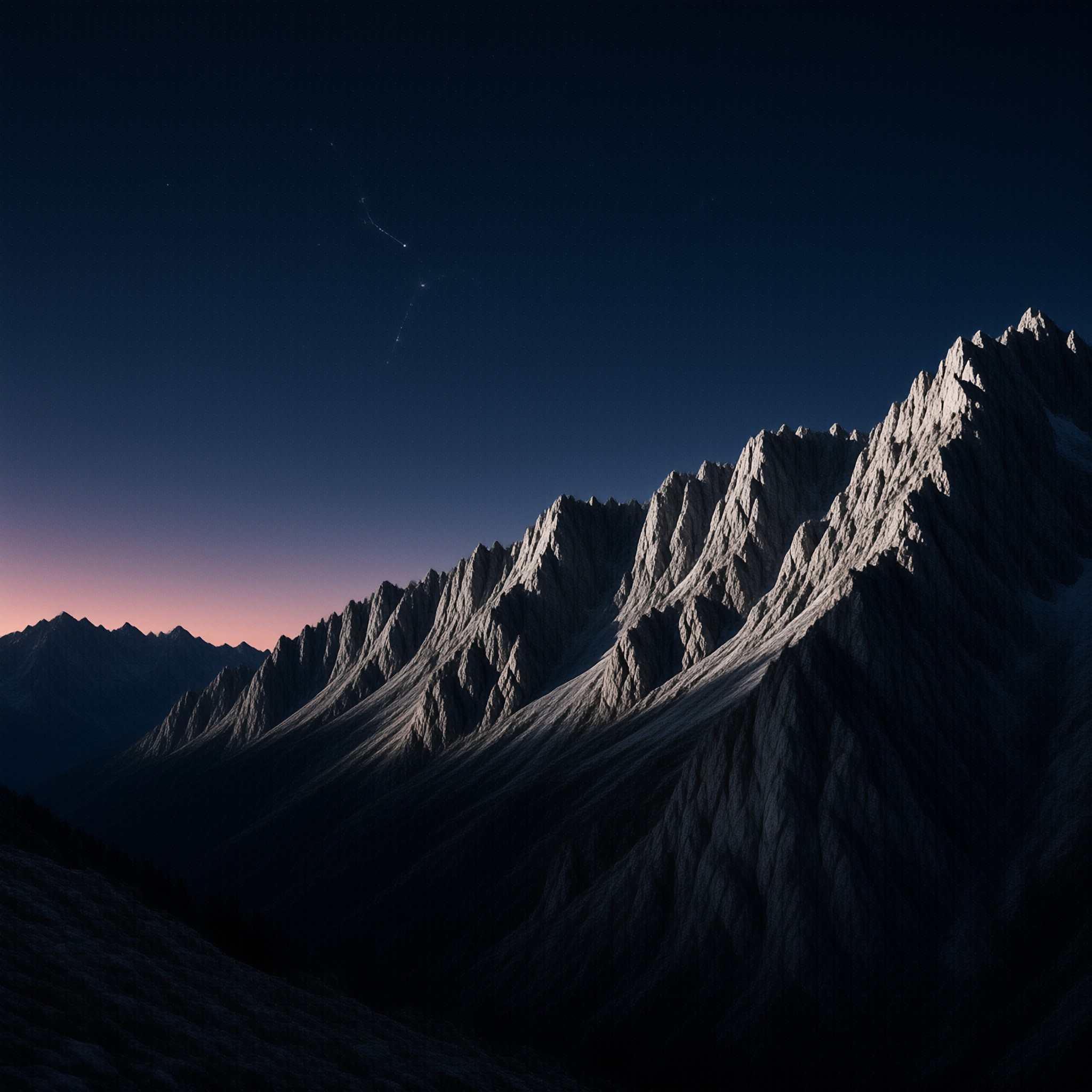 A jagged mountain range stands tall against a deep blue sky that fades into purple near the horizon with visible stars.