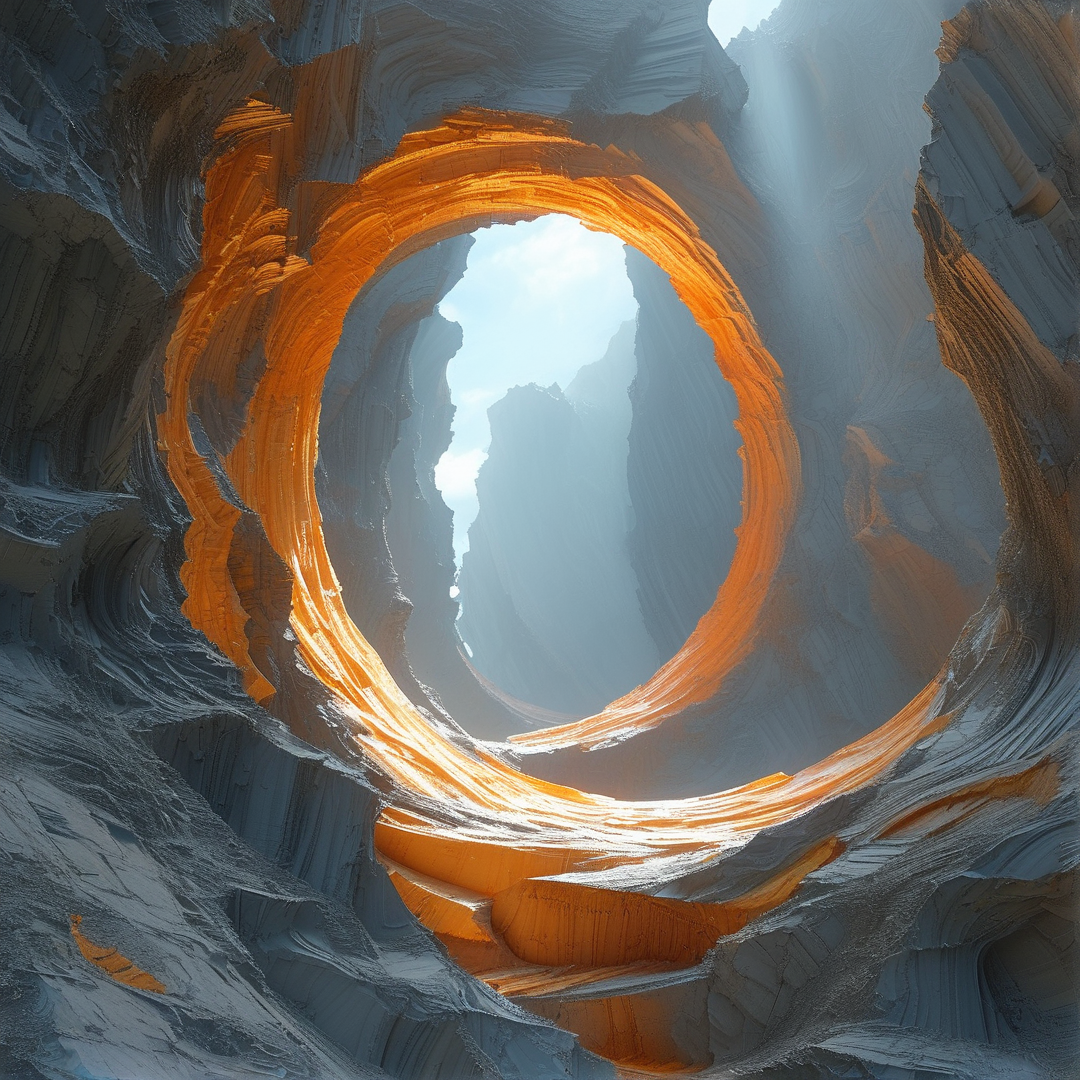A bright orange curved rock arch loops through striated gray canyon walls, with hazy pale sky visible at its center.