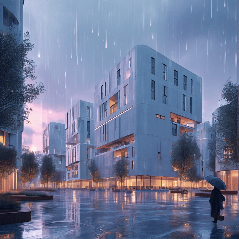 A person with an umbrella walks across wet pavement reflecting warm lights from a white building during a rainy dusk.