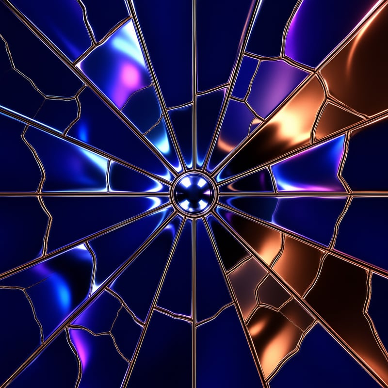 Radial stained glass mosaic with metallic seams, glowing with iridescent blue and warm amber light from its central roundel.