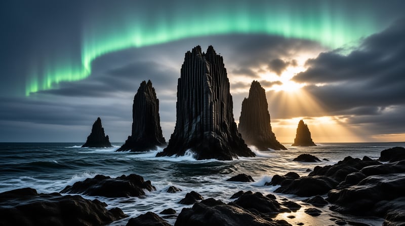 Coastal Aurora and Sunset