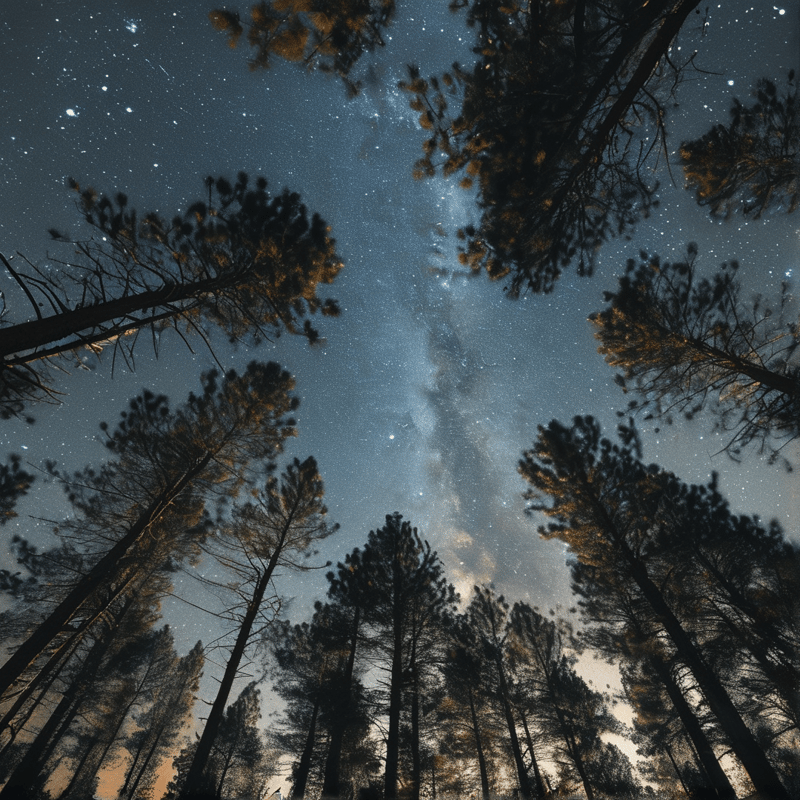 A low upward view through tall pine trees shows the glowing band of the Milky Way stretching across a dark sky dotted with bright stars.