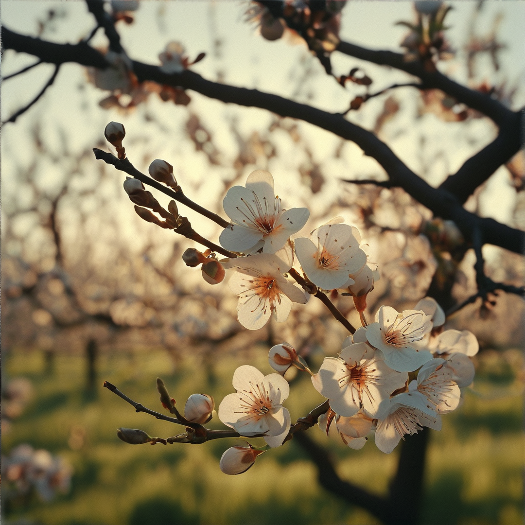 Delicate white flowers with orange centers hang from dark wood against a soft blurred orchard backdrop under warm light.