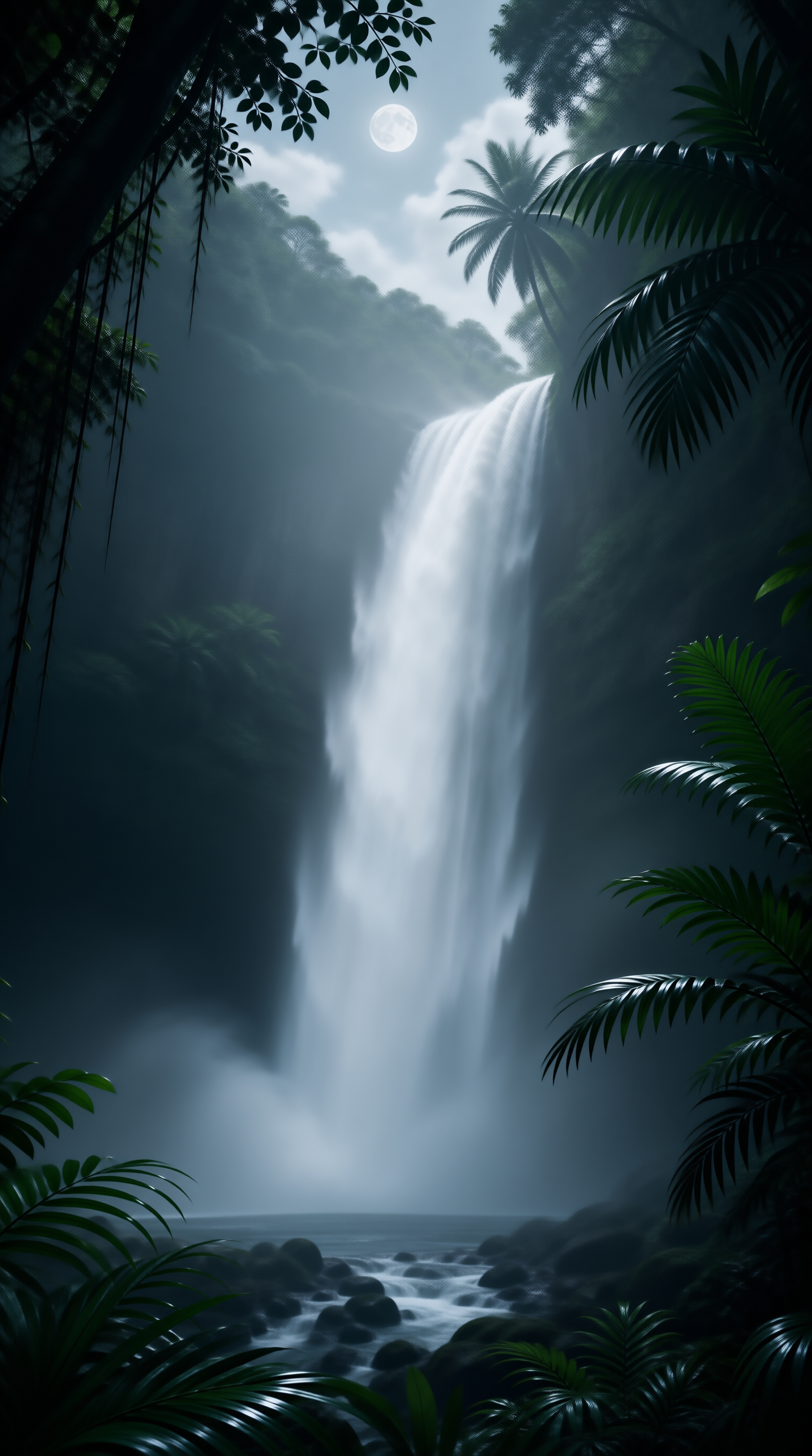 Moonlit Waterfall Landscape