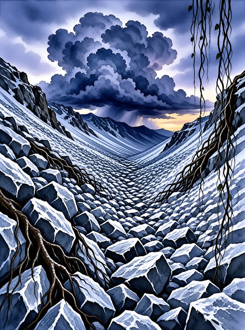 A watercolor scene of a boulder-filled mountain streambed framed by hanging roots beneath a towering storm cloud.