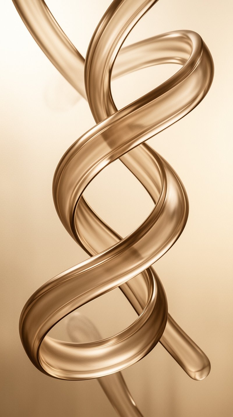 Two shiny golden strips intertwine vertically against a smooth beige gradient backdrop with gentle highlights.
