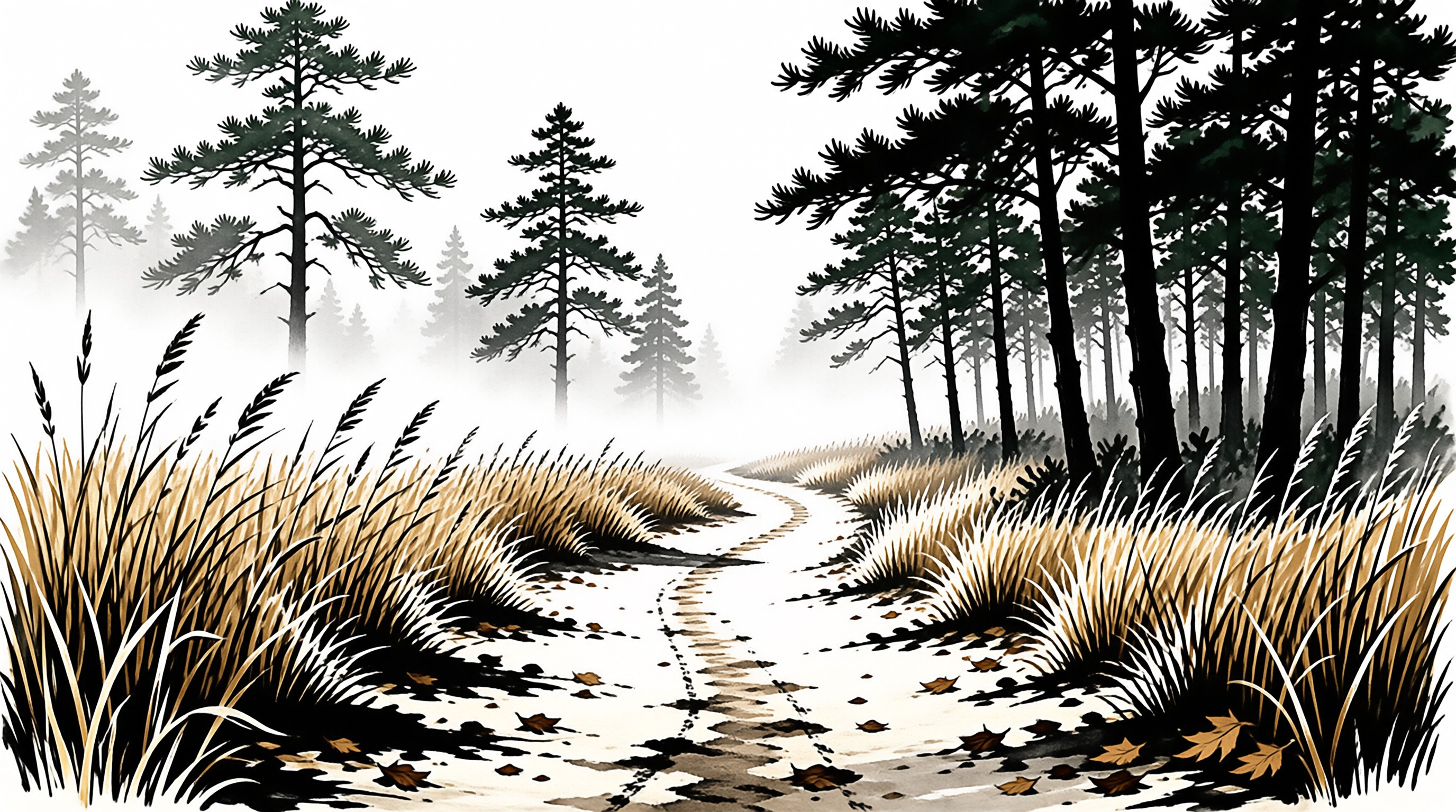 A winding footpath disappears into misty pine woods rendered in loose ink washes with golden grasses along the banks.