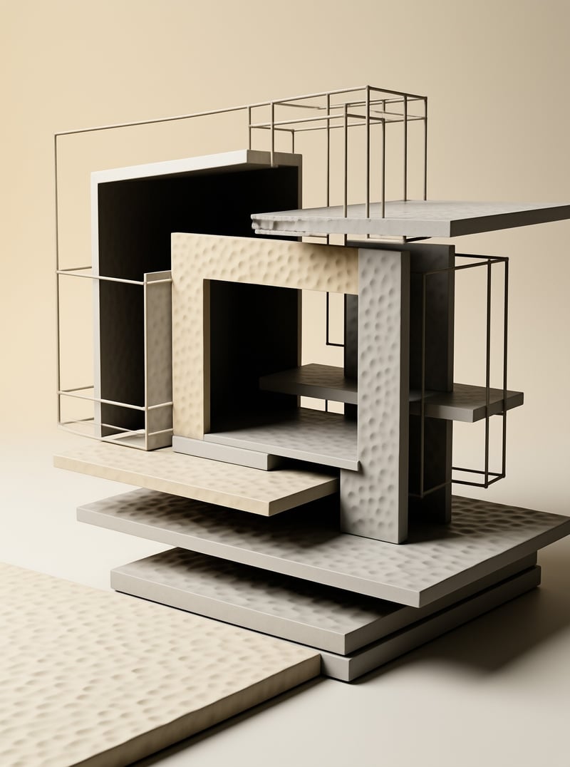 Dimpled plaster slabs and thin metal cage frames interlock in a minimalist 3D composition on a warm beige backdrop.