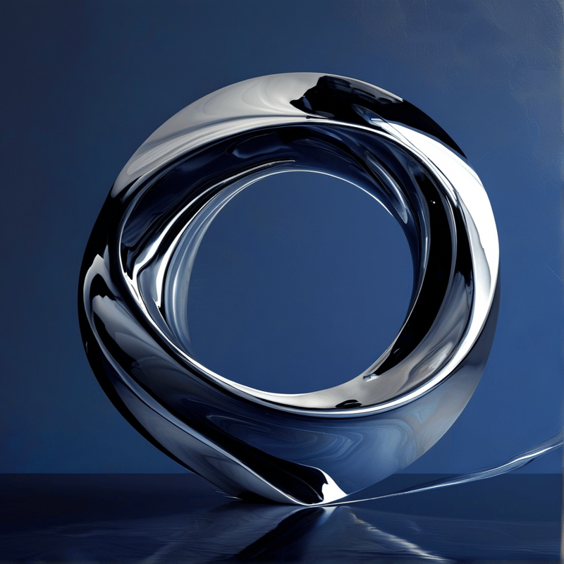 A highly reflective metallic torus rests on a dark blue surface with sharp white highlights.