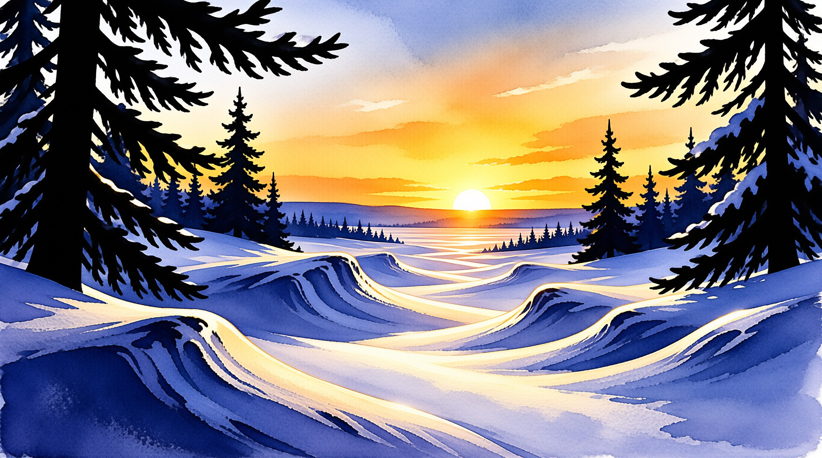 Rolling snow hills stretch toward a bright sun setting behind distant pine trees while dark silhouettes frame the sides.