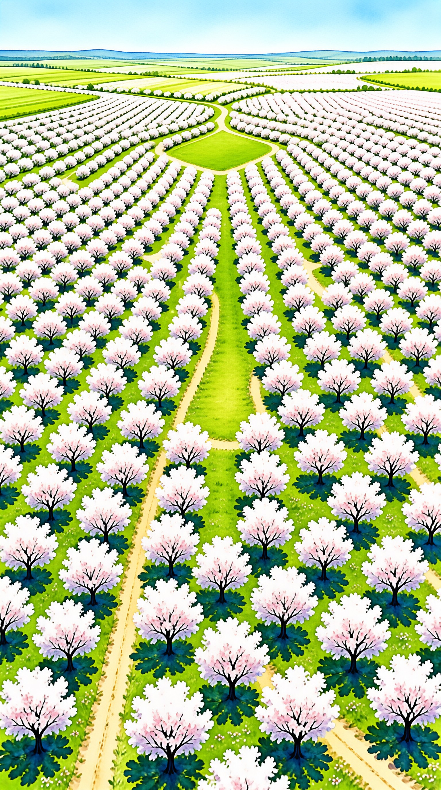 Rows of white blossoms stretch across a green orchard with winding yellow paths leading to distant hills under a bright sky.
