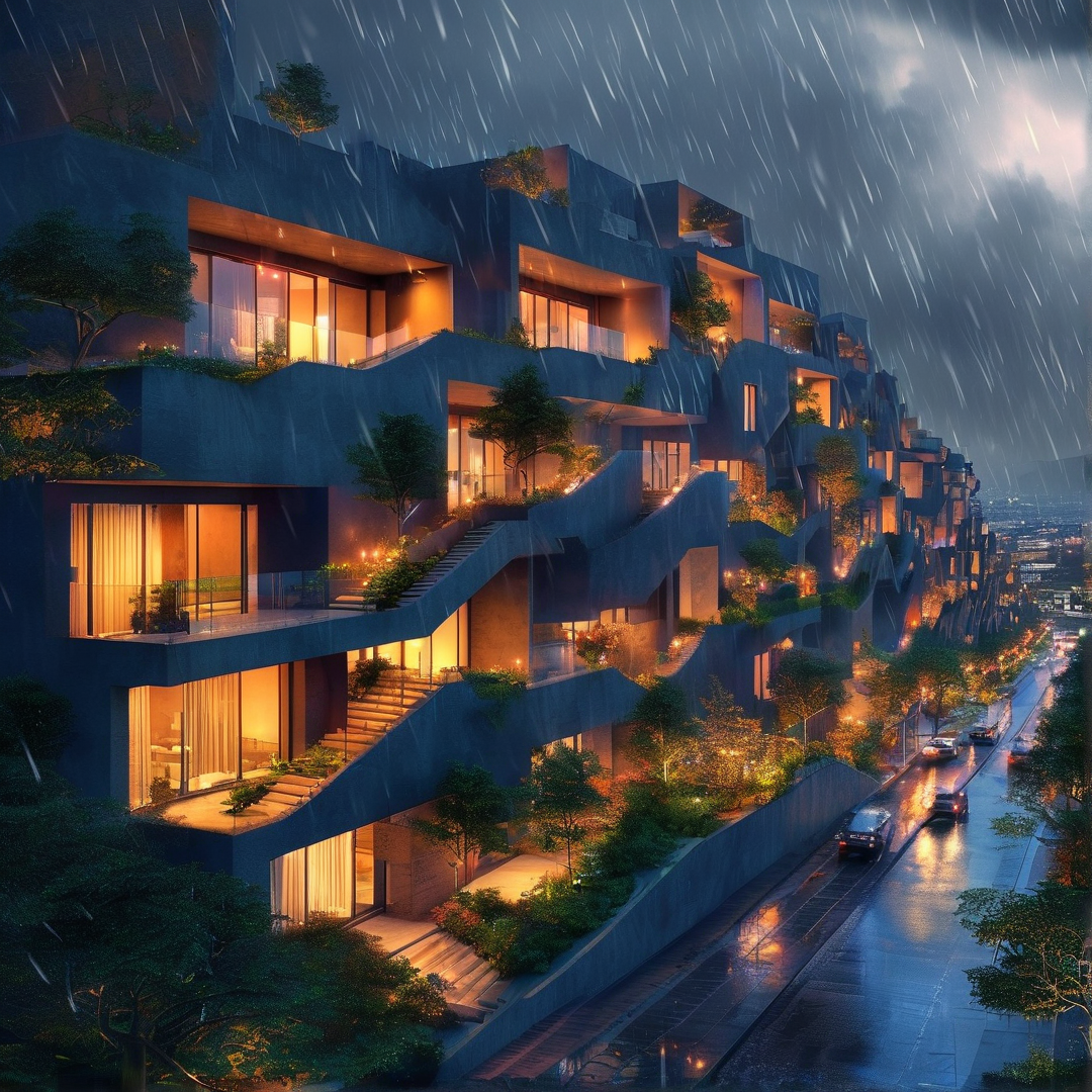 A modern terraced building climbs a hillside at night, its warm lights glowing against the dark blue sky during heavy rain.