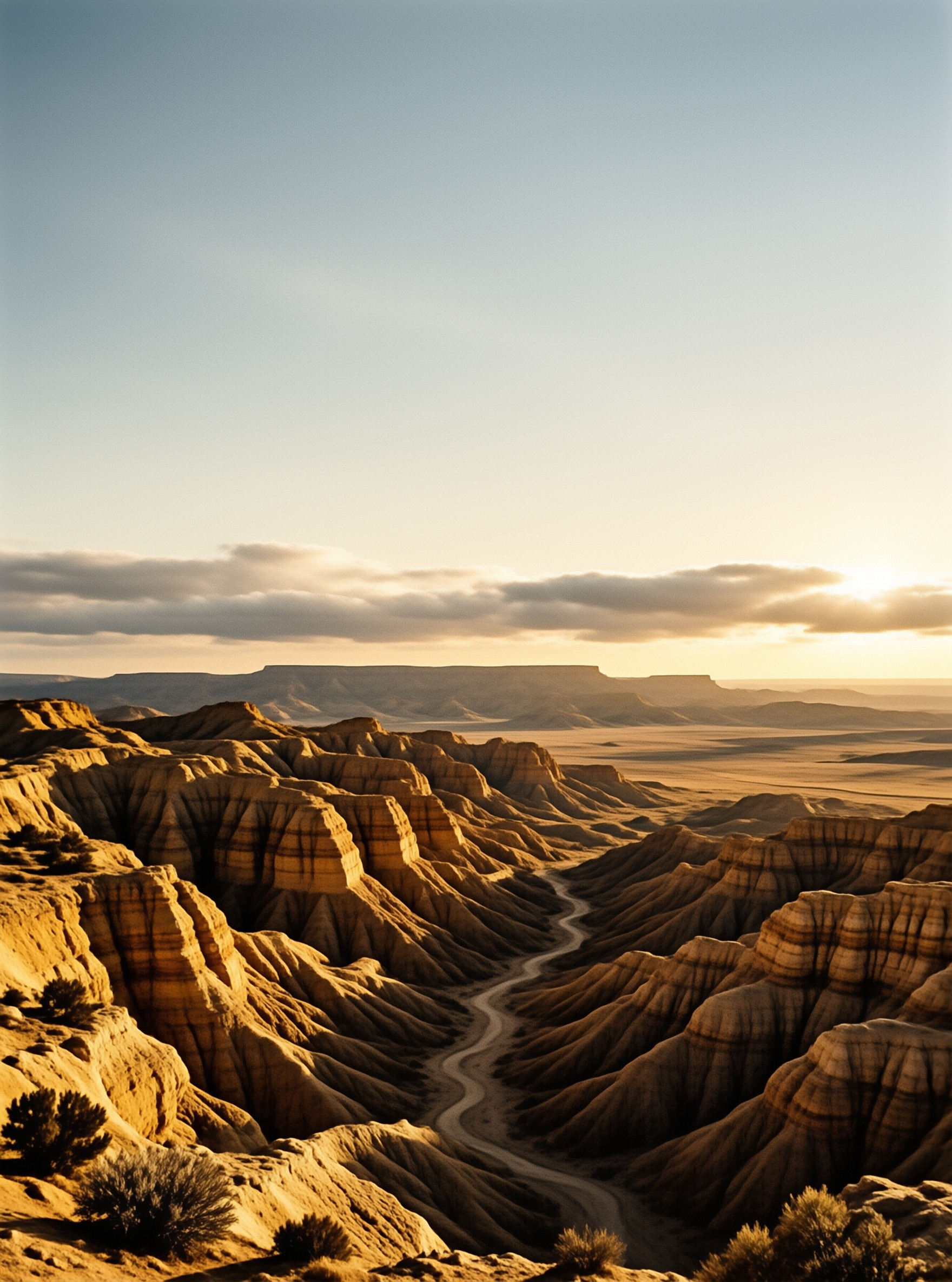 Layered eroded desert badlands hills surround a curving gully, under hazy warm setting sun, with flat distant plateaus stretching to the horizon.