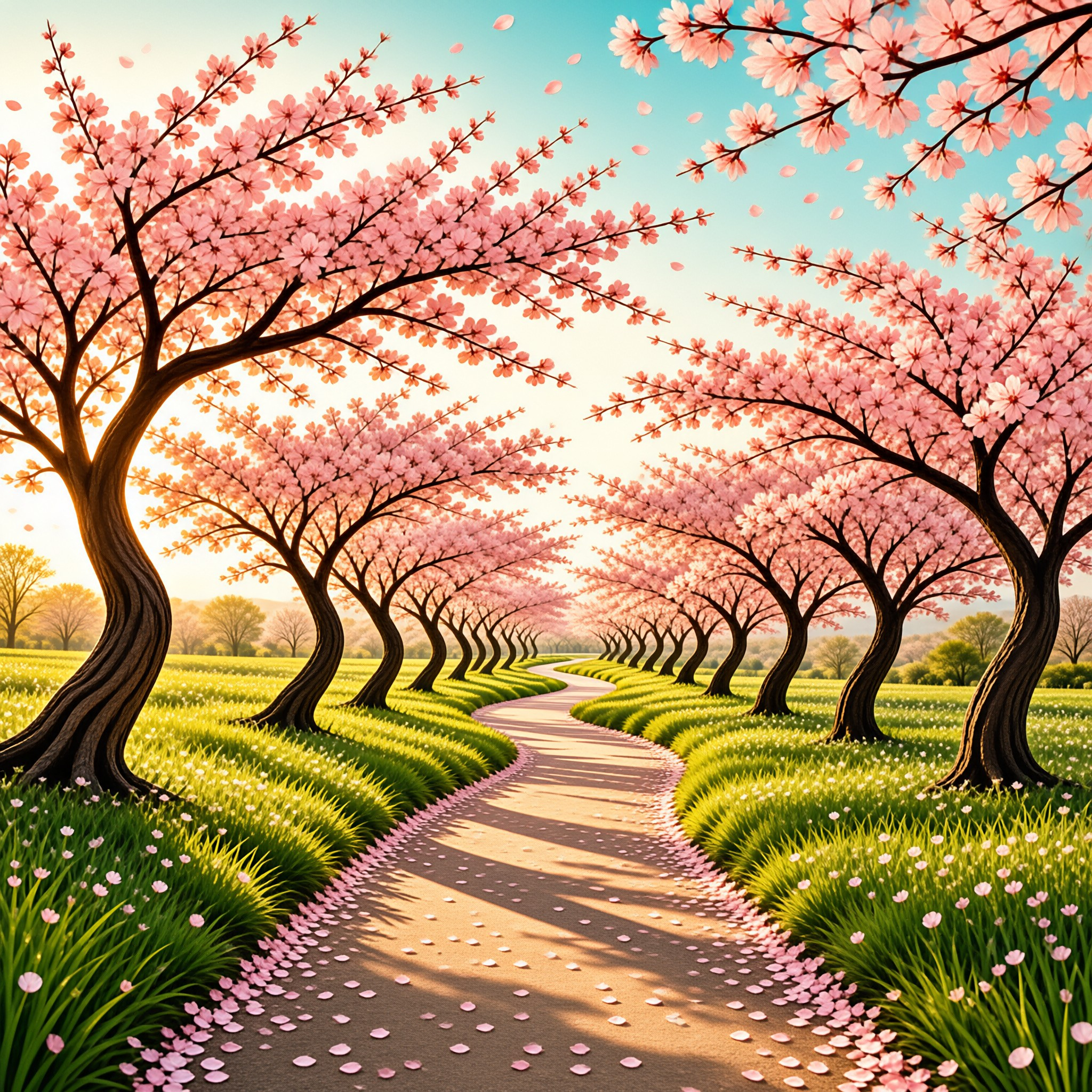 A winding dirt path stretches into the distance lined with rows of blooming cherry trees whose pink petals cover the ground and scattered shadows are cast by the warm sunlight.
