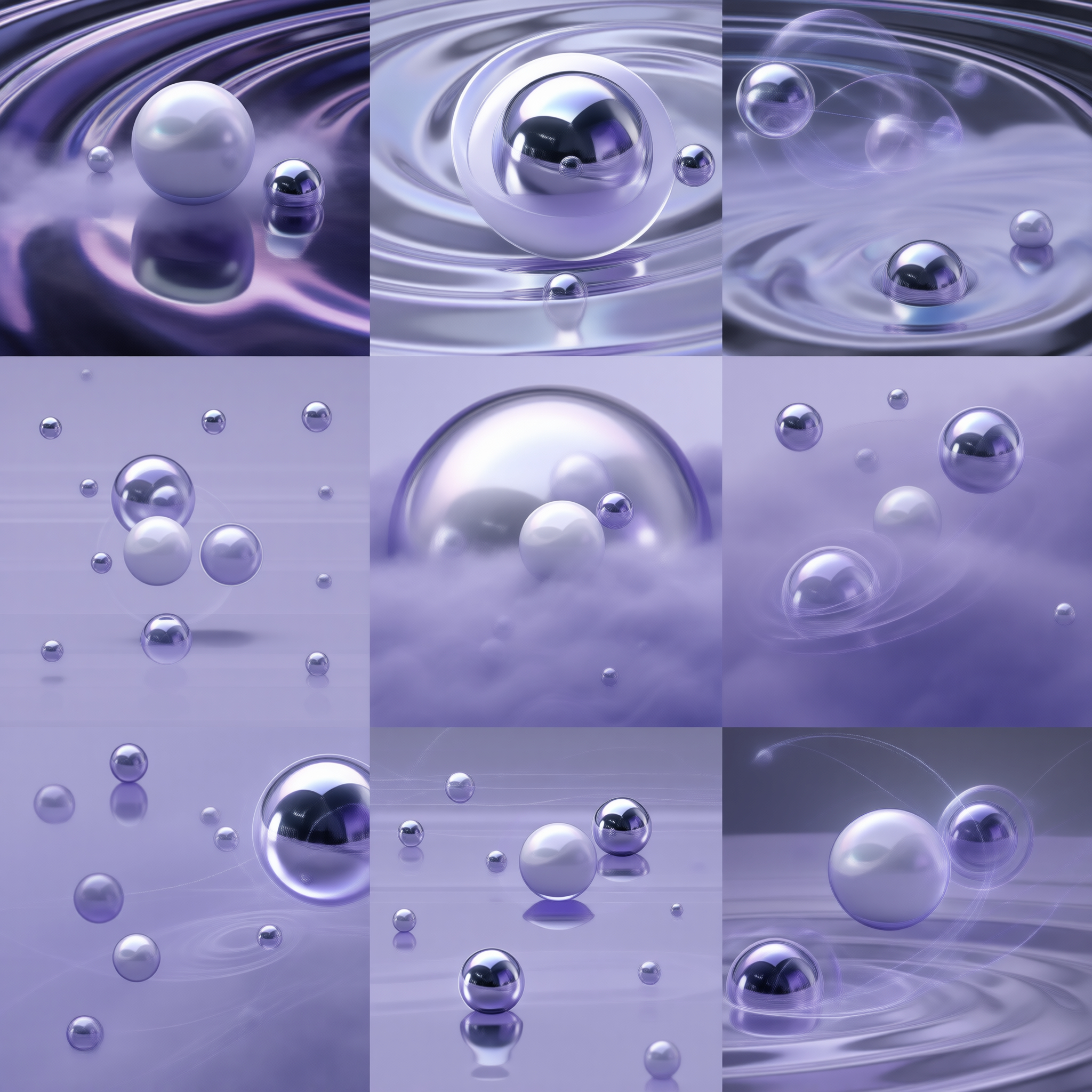 Chrome Spheres on Lilac Liquid — Material Study