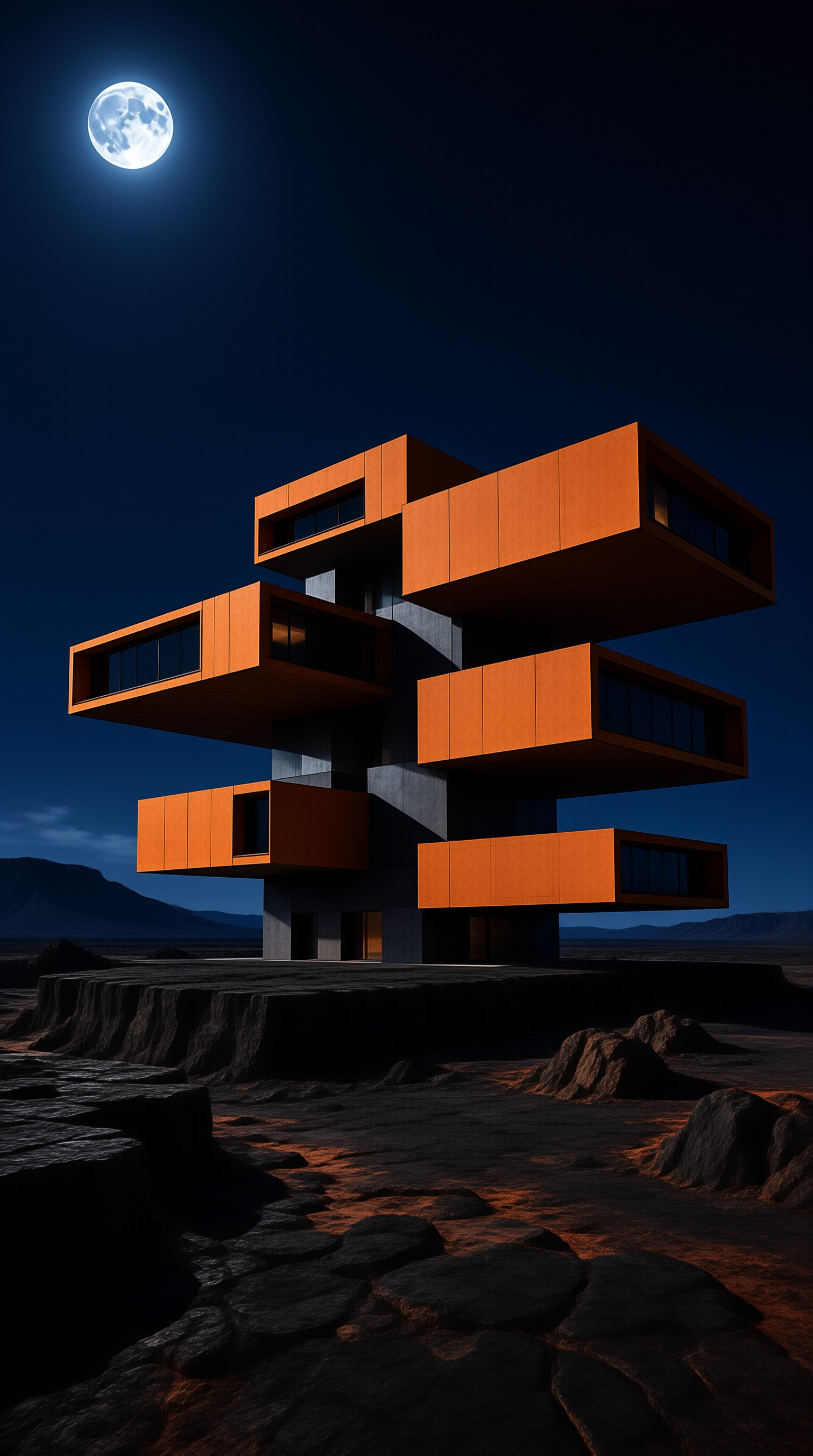 A geometric building with stacked orange boxes stands on a rocky plateau beneath a bright full moon in the dark sky.