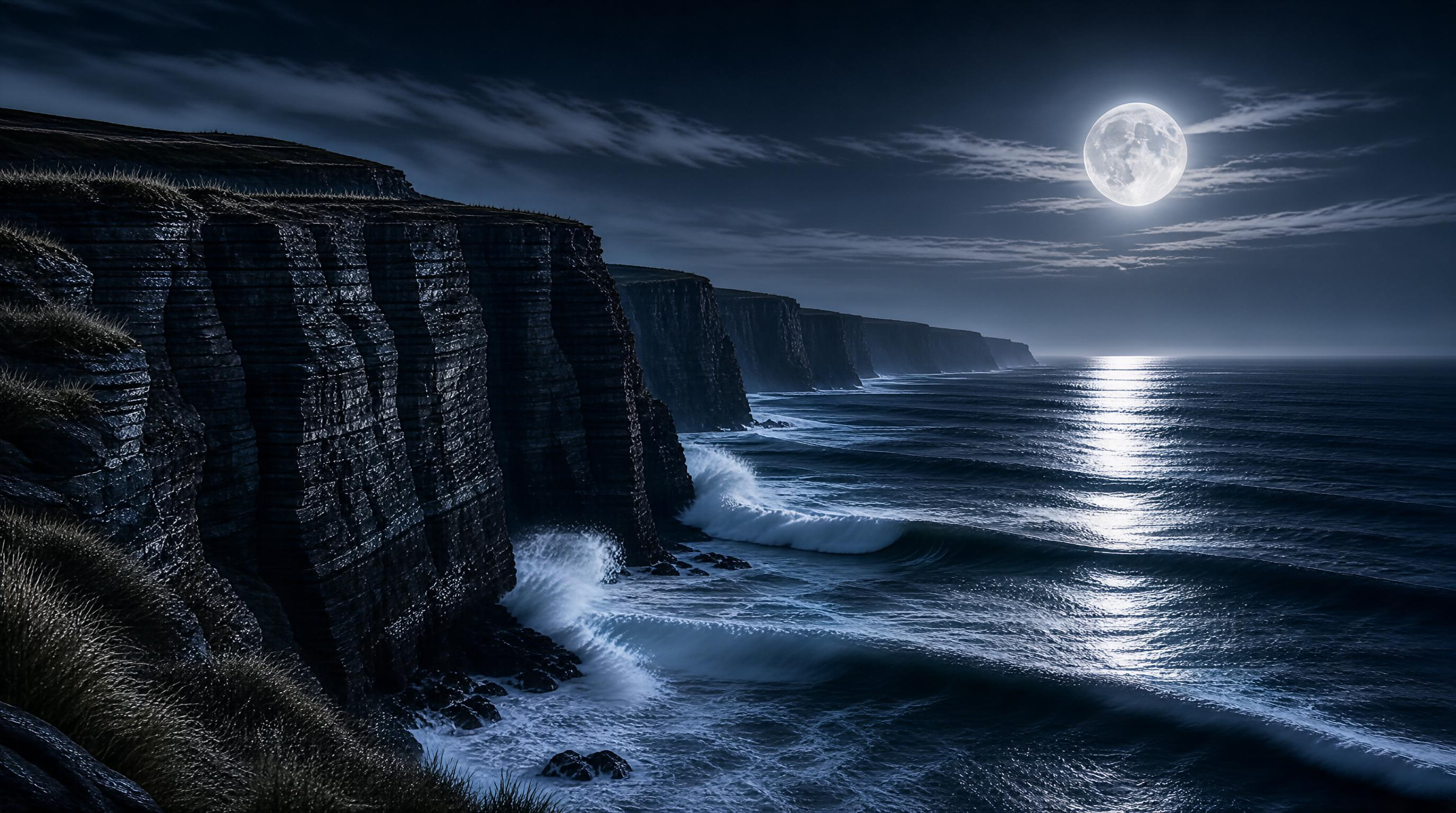 Night Cliffs by the Sea with Full Moon