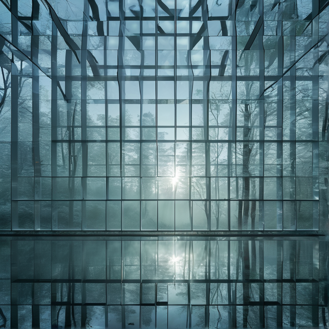 Blue tinted glass panels reflect a sunlit forest with tall trees and bright light shining through the canopy in a cool tone.